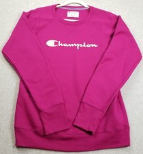 Champion Sweatshirt Womens Medium M Pink White Graphic Logo Spellout Long Sleeve