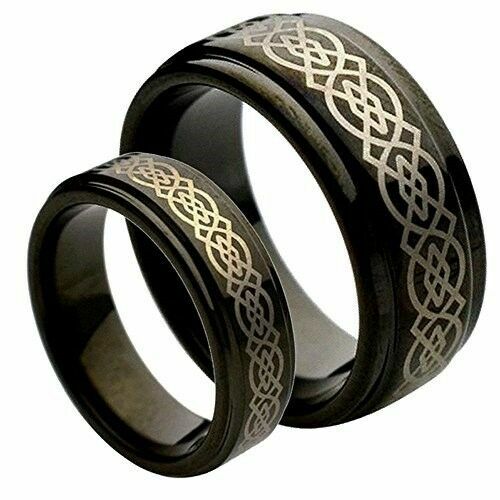 TungstenMasters 8MM/6MM Tungsten Mens / Womens Black Celtic Wedding Band Ring