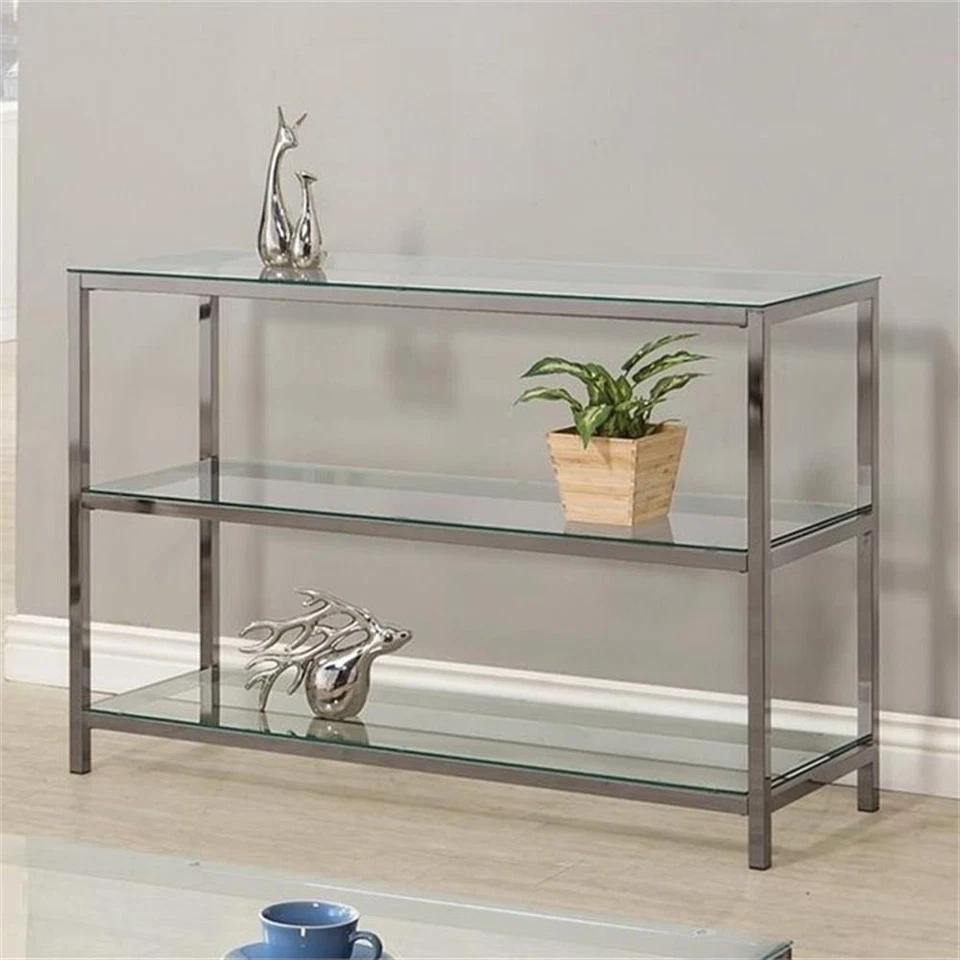 Mesa de sofá Coaster contemporánea con tapa de vidrio con 2 estantes en negro Foto 3 de 3