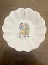 4.5" trinket dish bowl made in Japan man & woman couple gold trim scalloped edge