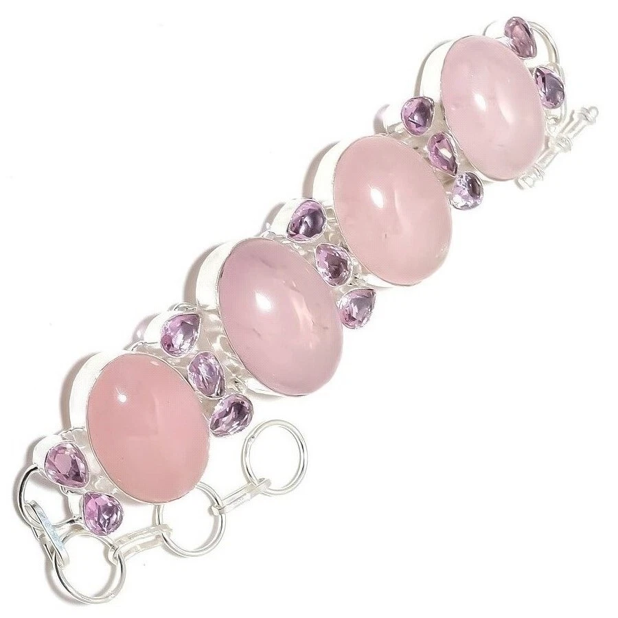 Этнический браслет ручной работы из стерлингового серебра 925 пробы с розовым кварцем и драгоценными камнями 8 дюймов - Изображение 2 из 4