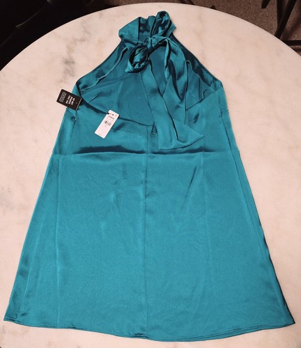 NWT! EXPRESS Satin Halter Statement BOW Mini Shift Dress Teal Comfy! New! Medium - Picture 6 of 7