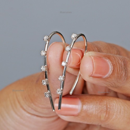 0.22ct Natural 5 Diamonds Gold Wire Threader Hoop Earrings Solid 14k Yellow Gold - Picture 6 of 11