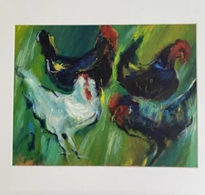 Hand painted artwork “Chickens In the garden” framed In glass painting 