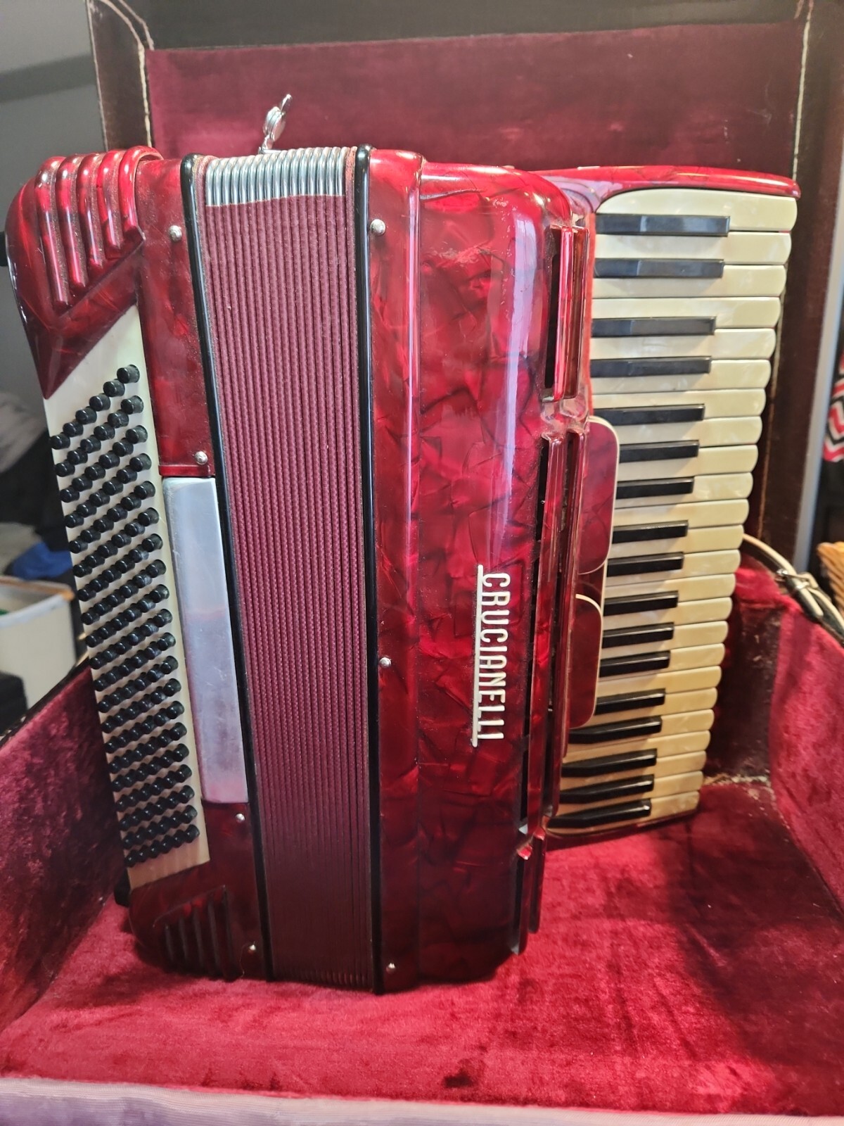 Red Crucianelli Accordion Pancordian ITALY w/ Straps and Case Working