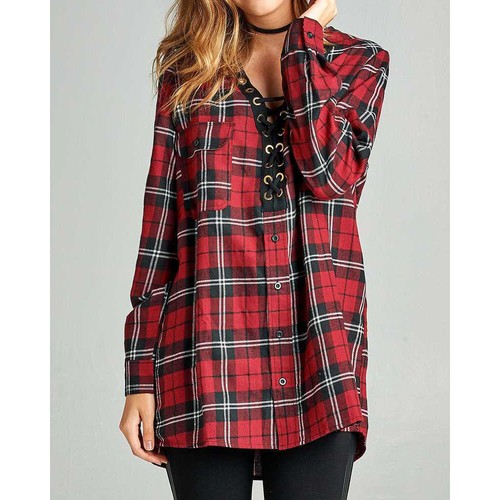 Women's Long Sleeve V-Neck Lace Up Front Flannel Plaid Top Shirt S M L - Picture 9 of 37