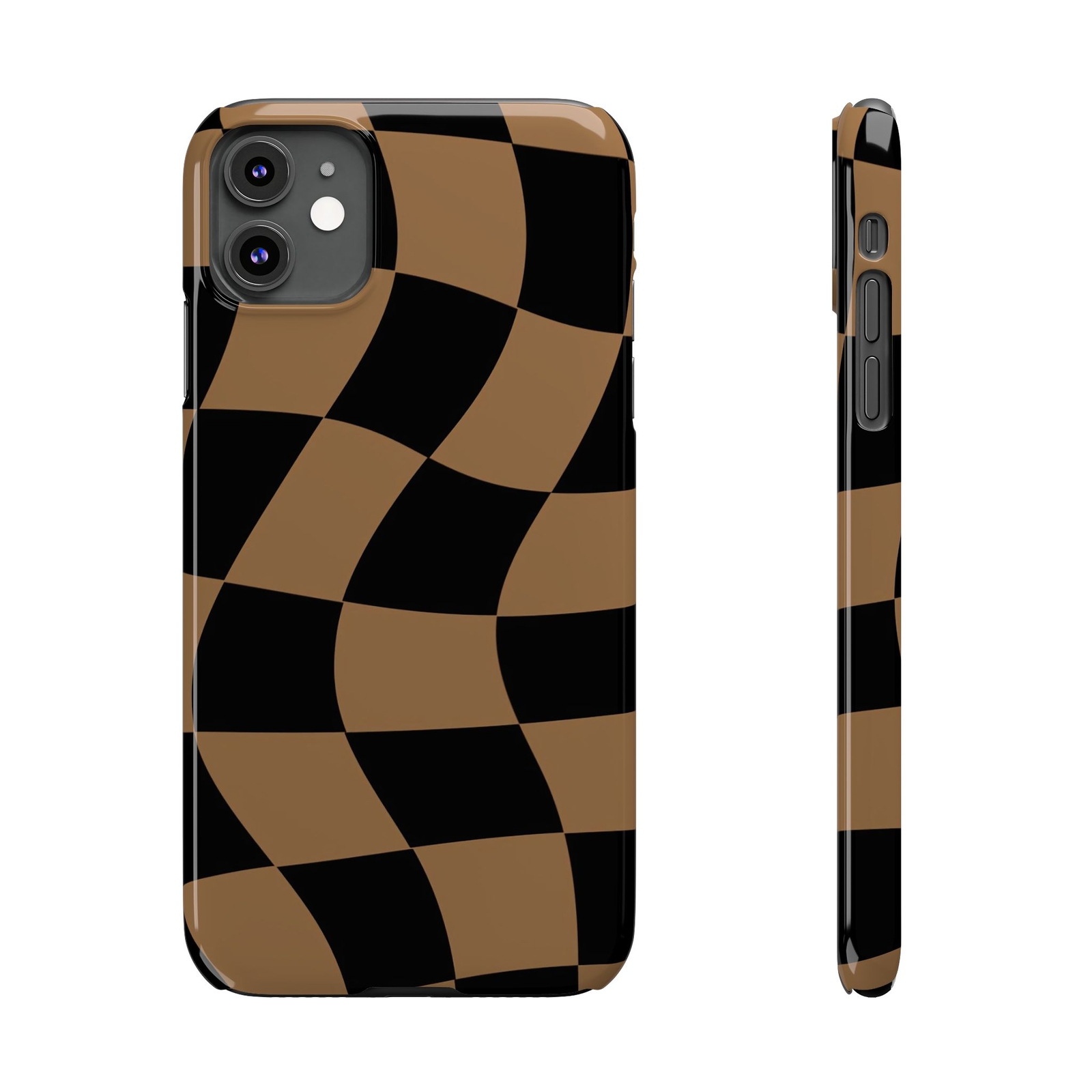 iPhone 11-16 Slim Phone Cases, Brown Wavey Checkered Pattern , Glossy Finish