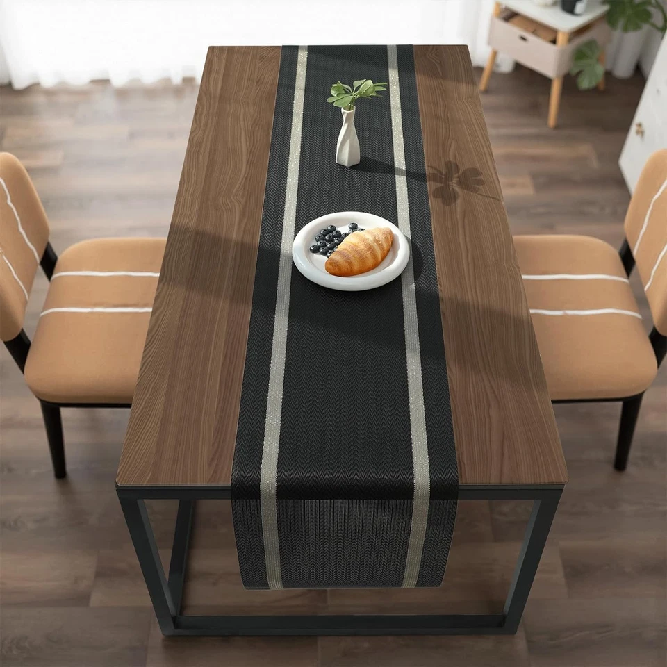 Woven Vinyl Table Runner Black Table Runner Woven with Golden Threads 90Inches - Image 2 of 4