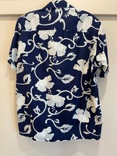 Vintage 1950's "Alfred Shaheen" Hawaiian Aloha Shirt Handprinted Blue Hibiscus