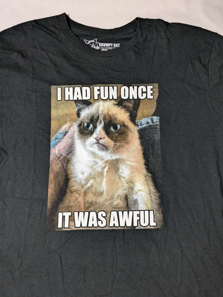 GRUMPY CAT - I HAD FUN ONCE IT WAS AWFUL Camiseta Gráfica Masculina GG Preta Algodão Excelente Estado Usado - Imagem 4 de 4