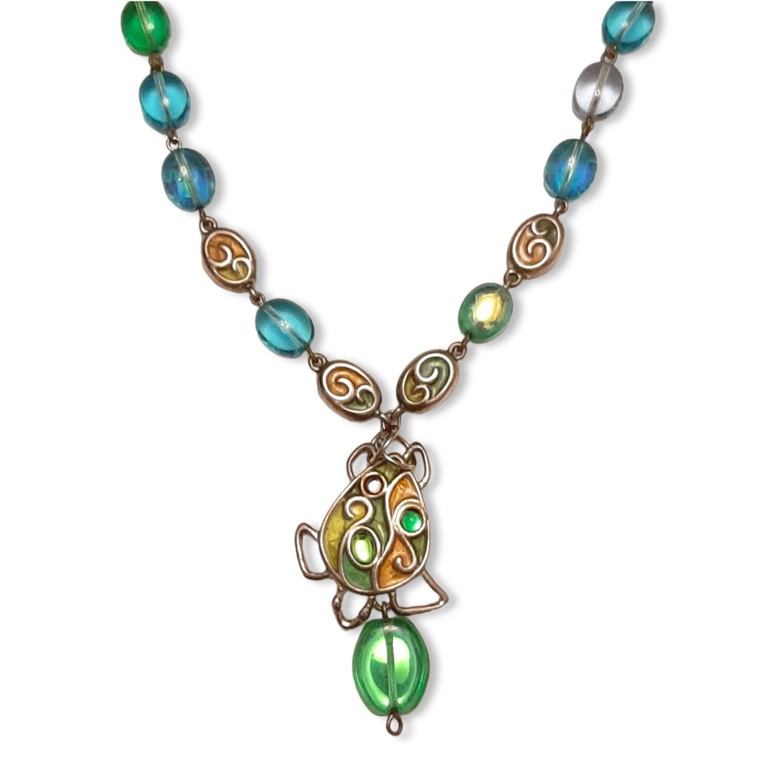 Collana perle lunghe vintage Givenchy blu verde e ciondolo tartaruga FIRMATO con logo