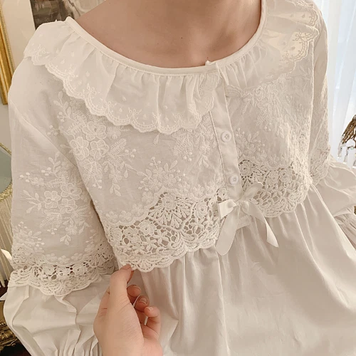 Women's Flower Embroidery Linen Pajama Summer Sets Tops+Shorts.Vintage Ladies - Picture 10 of 16