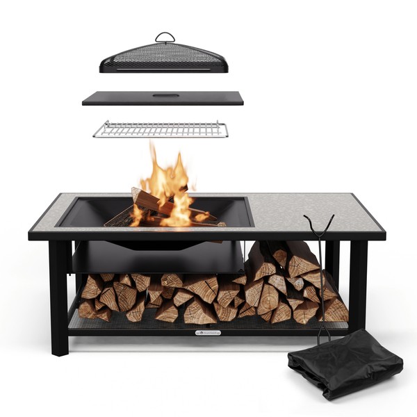 Feuerschale Grill 122 Cm Feuerstelle Terrasse Feuerkorb Tisch Stahl Funkenschutz-image