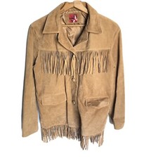 Marlboro Gear Brown Leather Fringe Jacket Button Front Satin Lined
