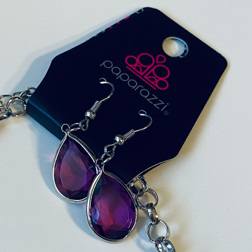 Necklace & Earring Set By Paparazzi Accessories Clique Bait Silver Purple - Picture 3 of 6
