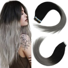 Tape in Human Hair Extensions Skin Weft Remy Hair Ombre Black to Gray16inch20pcs