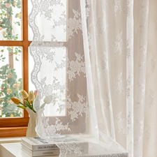 Sheer Lace Curtains 90 Inches Long for Living Room Dining Room Back Tab Rod P...
