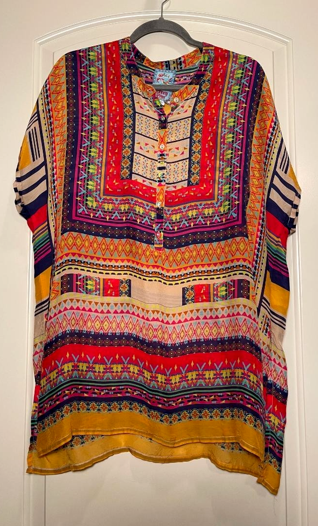 Johnny Was Womens Multicolor Multi Print Short Kimono sleeve Pullover tunic M
