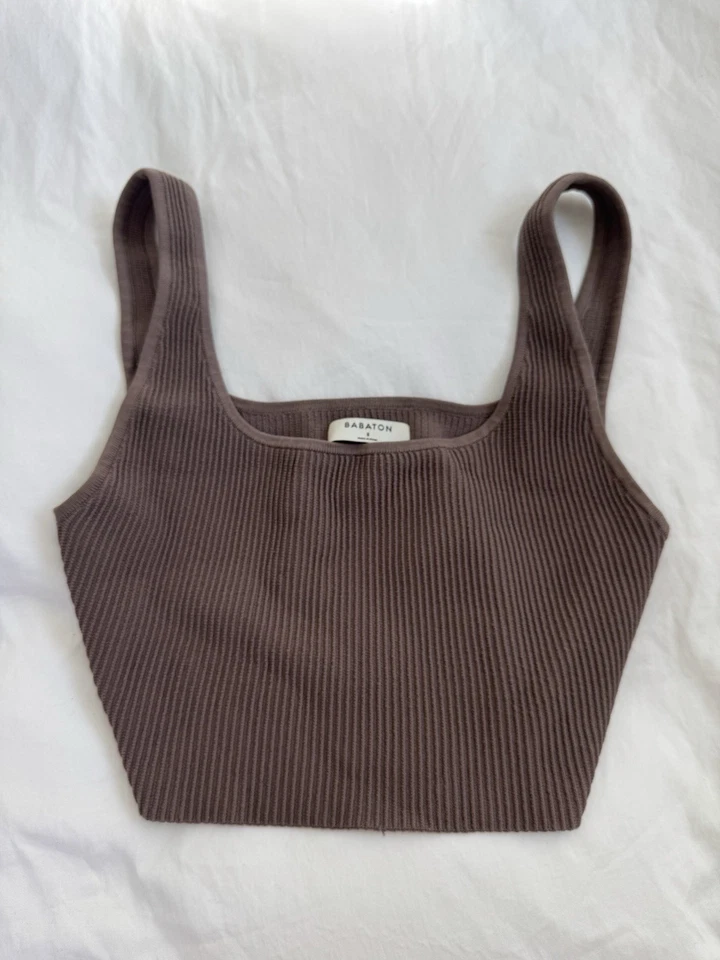 Camiseta sin mangas Aritzia Babaton marrón esculpida tejida acanalada cuello cuadrado talla S Foto 3 de 4