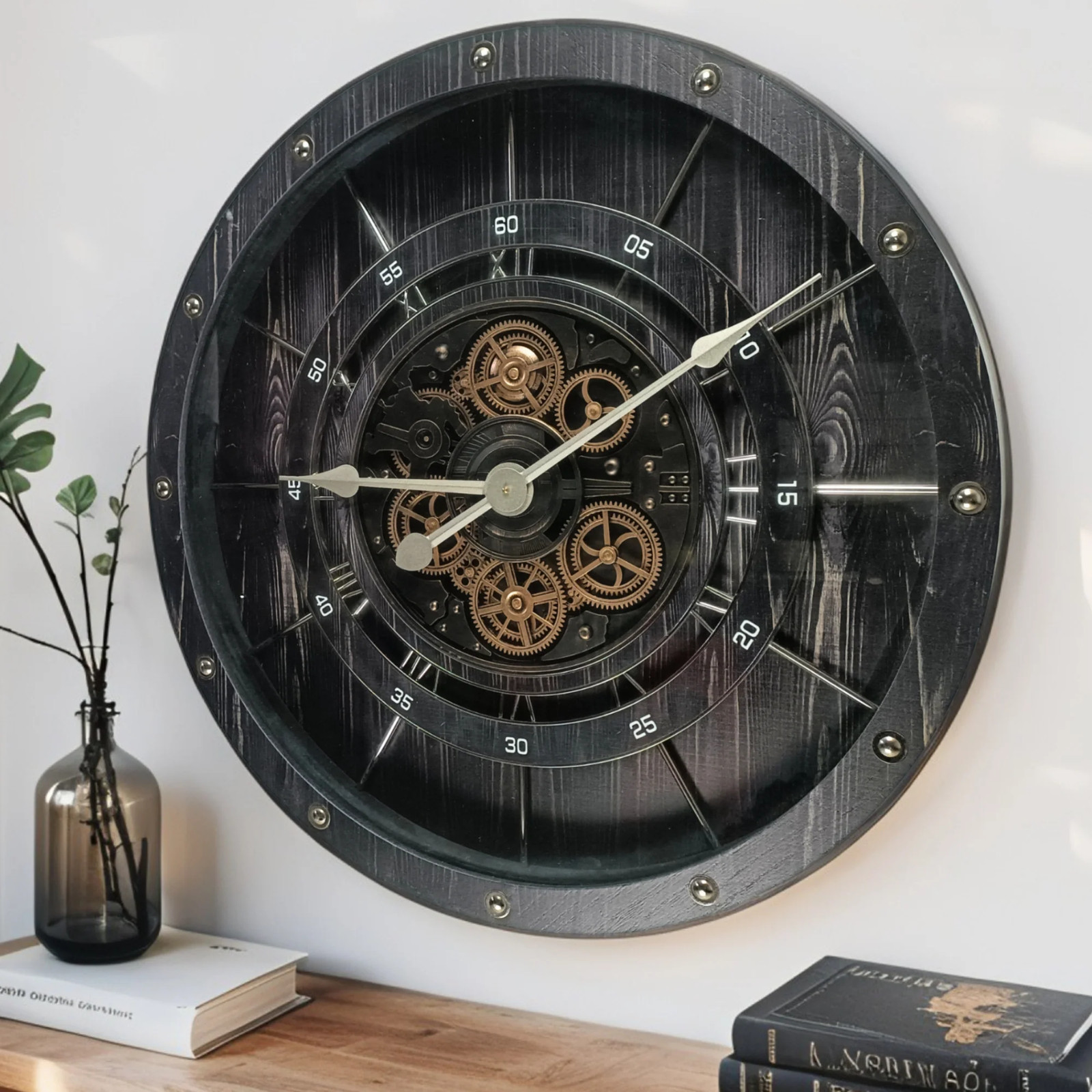 The Gears Clock FRANCE LINE WALL CLOCK ROUND 32 INCH VINTAGE BLACK