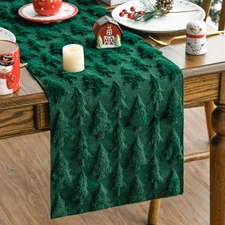 Green Christmas Trees Soft Plush Faux Fur Jacquard Christmas Table Runner, Holid