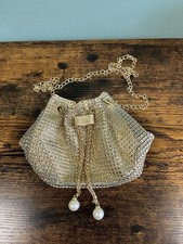 Ladies Pretty Gold Bag / Drawstring Handbag / Pearl Detail / New Without Tags