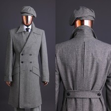 Houndstooth Men's Long Overcoat Double Breasted Vintage British Style Coat