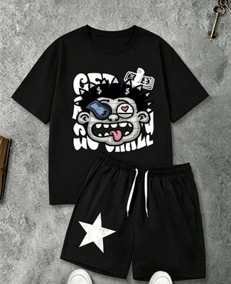 Men's 2-Piece Graphic Print T-Shirt & Drawstring Shorts Set L Black/White