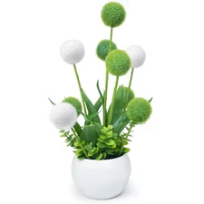 Artificial Green and White Pom Pom Flowers with Eucalyptus Leaves in White Ce...