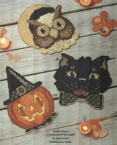 HALLOWEEN FACES PUMPKIN OWL & CAT PLASTIC CANVAS PATTERN INSTRUCTIONS