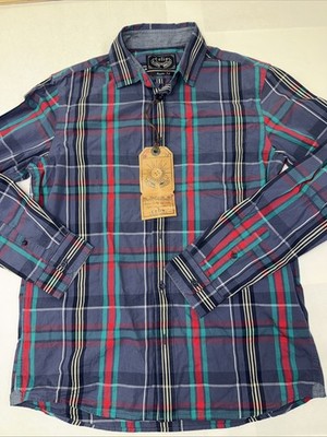 Celio Mens Slate blue plaid button-down shirt with red and teal accents - Medium