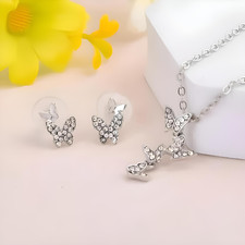Rhinestoned Butterfly Matching Necklace Stud Earrings Jewelry Set