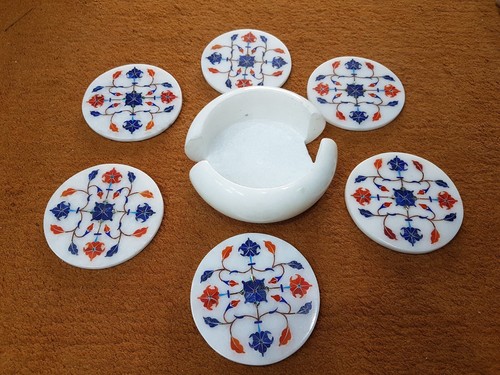 4" Round White Marble Coffee Coaster Set Multi Stone Inlay Work Office Table Dec - Picture 7 of 8