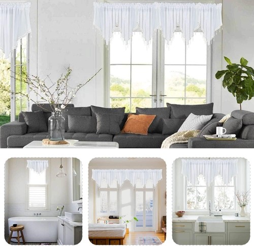 3 Panels Sheer Lace Swag Window Curtain Valance w/ Crystal Beads Kitchen Bedroom - Picture 3 of 60