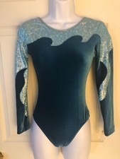 GK LgSLV LADIES SMALL GREEN VELVET AQUA FOIL GYMNASTIC DANCE LEOTARD Sz AS NWT
