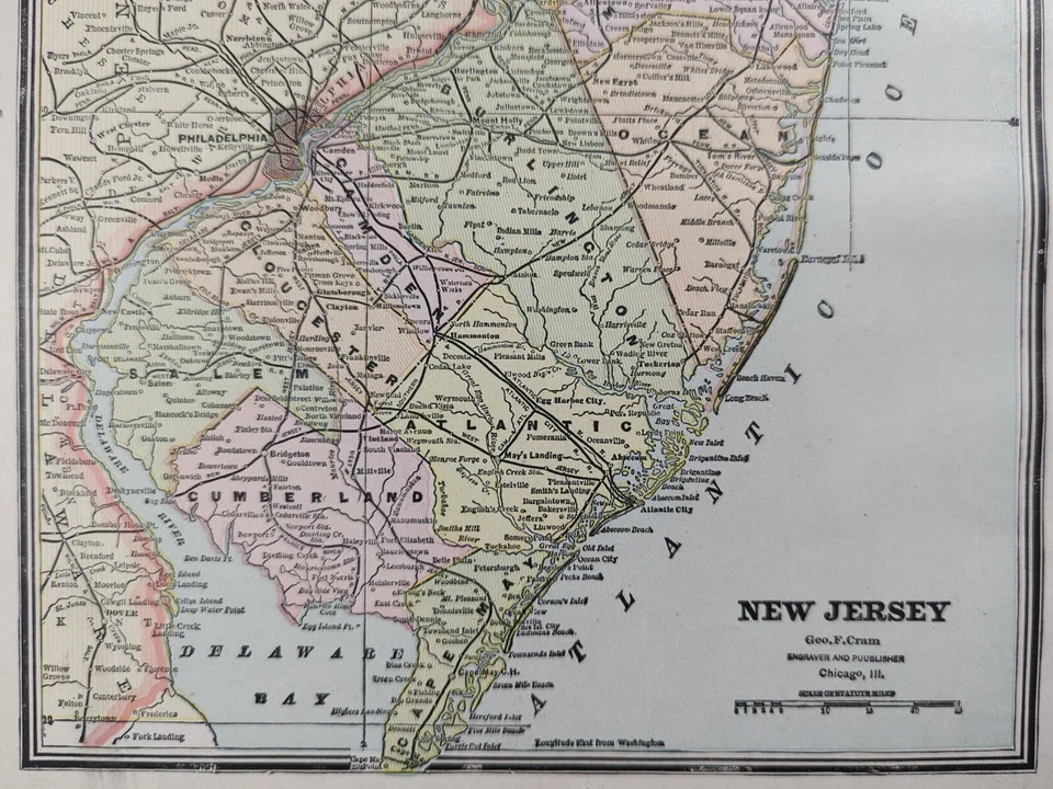Винтажная карта 1886 НЬЮ-ДЖЕРСИ 11 x 13 дюймов старая антикварная оригинальная CAMDEN NEWARK TRENTON - Изображение 4 из 4