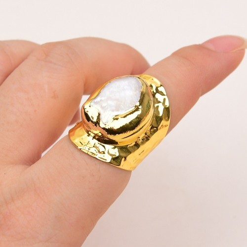Cultured White Keshi Pearl Gold Plated Finger Ring Adjustable Rings For Women - Picture 2 of 13
