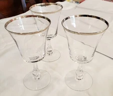 4 Used Crystal FOSTORIA SHEFFIELD Wine Goblets / Glasses Platinum Trim Stemware