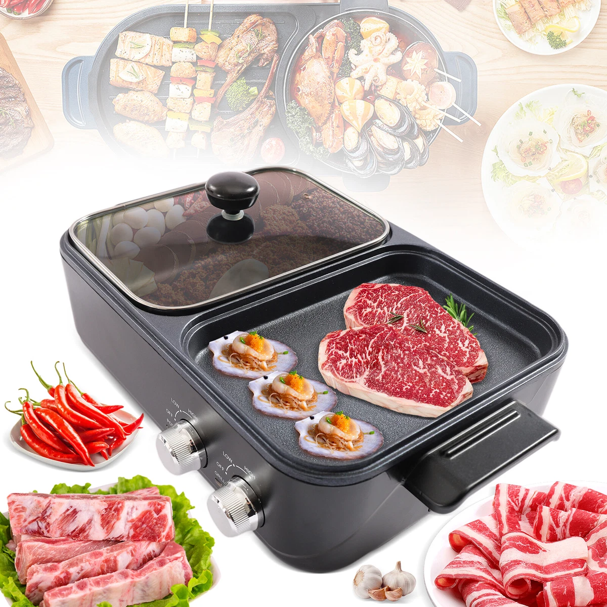 Korean Hot Pot with Grill Pan, Electric Grill Indoor Hot Pot