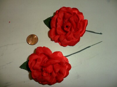 Millinery Red Satin and Faux Silk Roses - Vintage - Set of 2