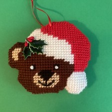 Bear With Holly Christmas Ornament, Handmade, Needlepoint 
