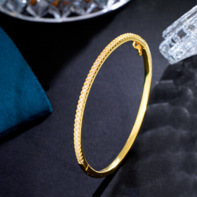 Luxury Fashion Round Open Cuff CZ Stack Thin Bangle Rose Gold Plated for Women
