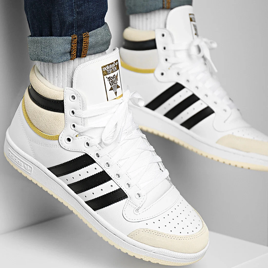 ADIDAS ORIGINALS TOP TEN HI S24134 WHITE/BLACK/GOLD MEN'S BASKETBALL SHOES