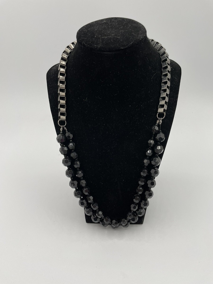 Rampage Signed Black Beaded Statement Necklace Square Chain Link