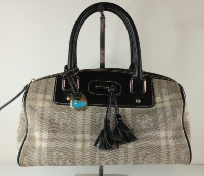 Dooney Bourke Monogram Canvas Leather Trim Dual Handles Charm Satchel  Handbag