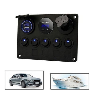 Marine 5 Rocker Switch Panel Dual Fast Charge USB Port 12V 24V Waterproof