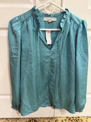 LOFT Blue Solid Tie V-Neck Blouse Ruffle Long Sleeve for Women