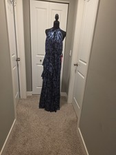 Adrianna Papell Crinkle Metallic Keyhole Halter Neck Floral Ruffle Gown Navy