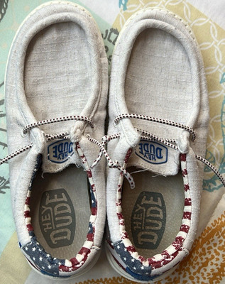 HEYDUDE Wally Youth Slip-On Casual Shoes Patriotic Stars Fabric White US 2