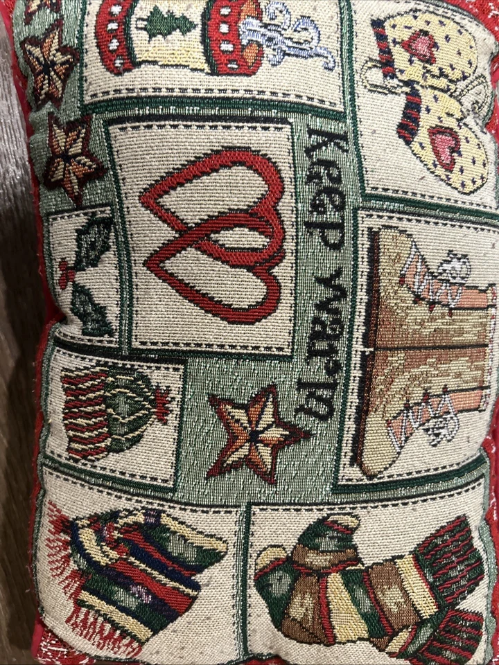Keep Warm Winter Tapestry Pillow 16 by 10.5 Inches Holidays Red Green - Image 3 of 4